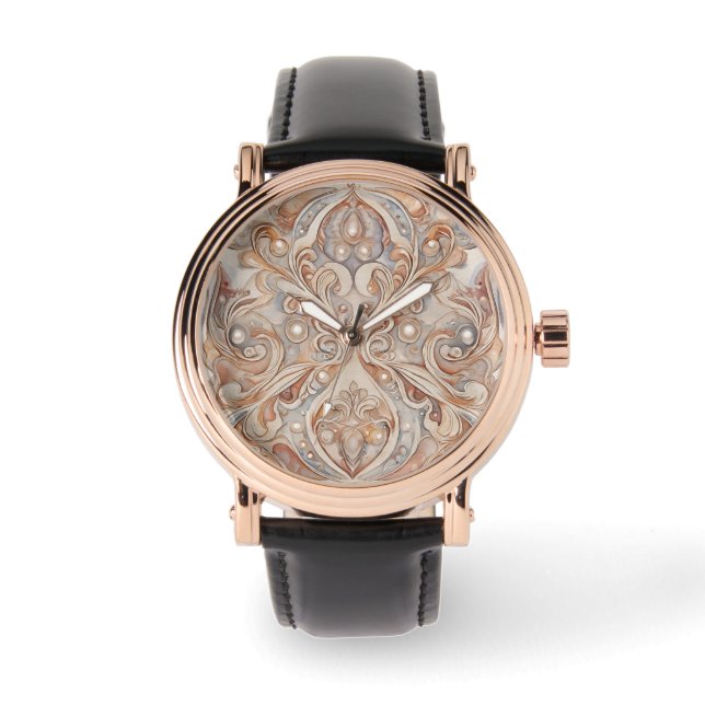 Rosa Guld Mosaik Mönster med Pärl Design Konst,  Armbandsur (Framsida)