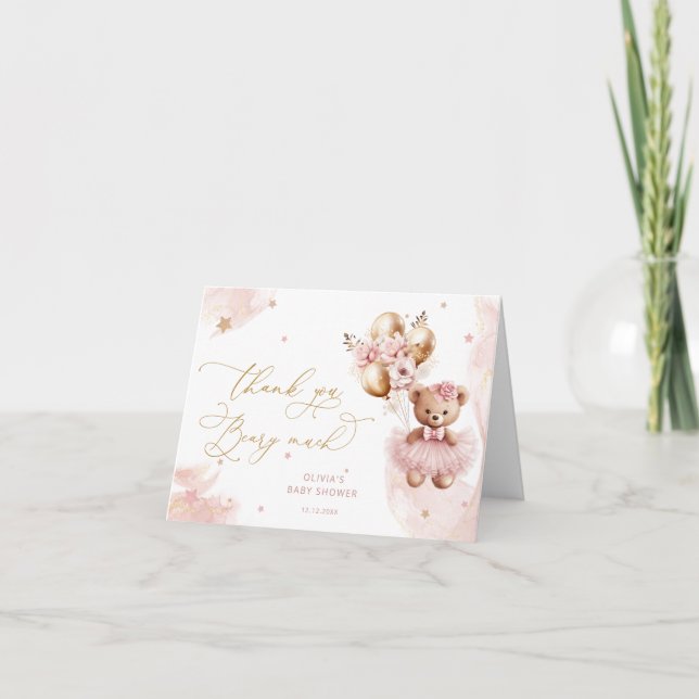 Rosa Guld Nalle Balloon Flicka Tack Kort (Framsida)