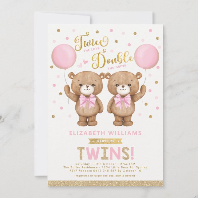 Rosa Guld Nalle Balloon Twin Girl Baby Shower Inbjudningar (Framsida)