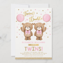 Rosa Guld Nalle Balloon Twin Girl Baby Shower Inbjudningar