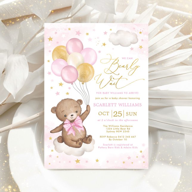 Rosa Guld Nalle Balloons Girl Baby Shower Inv Inbjudningar (Skapare uppladdad)
