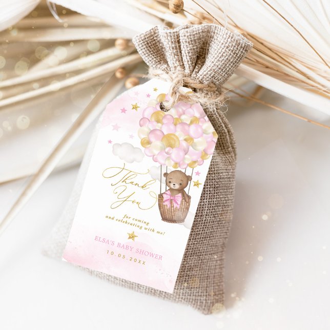 Rosa Guld Nalle Luftballong Clouds Stars Presentetikett (Skapare uppladdad)