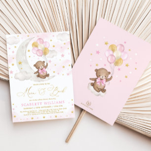 Rosa Guld Nalle Måne & Back Baby Shower Inbjudningar