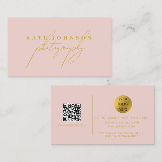 Rosa Guld Namnteckning skriptmediet QR Code Social Visitkort (Fram/baksida)