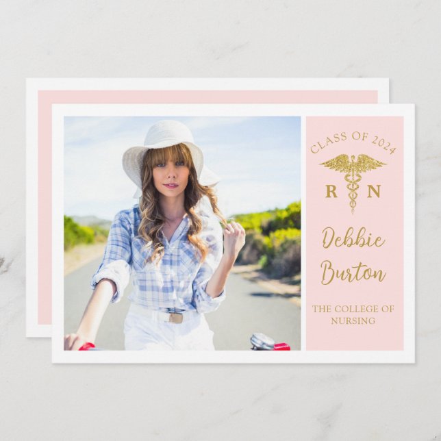 Rosa & Guld Nursing School Photo Studentfest Inbjudningar (Fram/baksida)