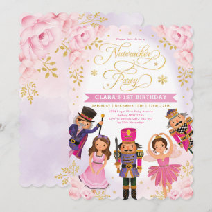 Rosa Guld Nutcracker Party Winter Blommigt födelse Inbjudningar