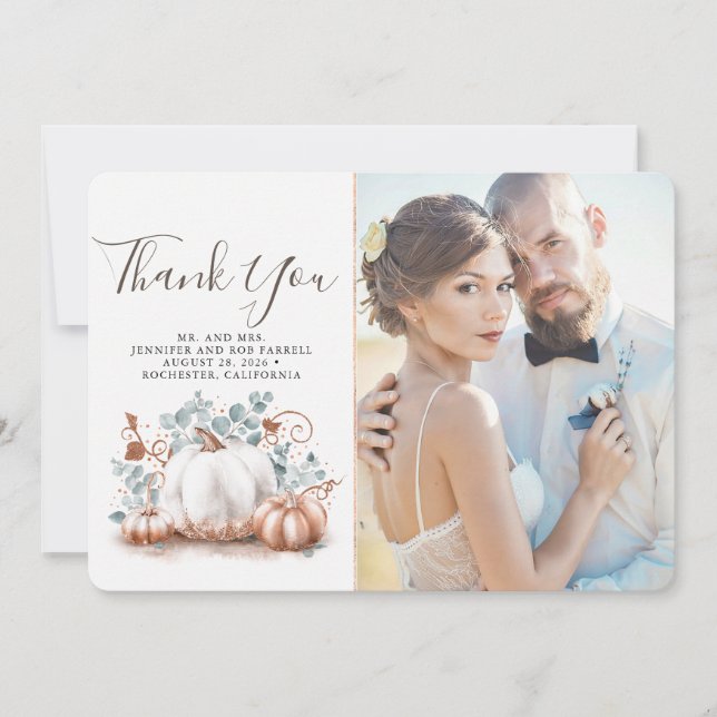 Rosa Guld och White Pumpkin Fall Wedding Tack Kort (Framsida)