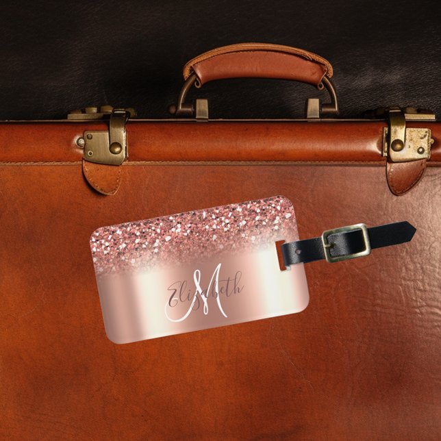 Rosa guld ombré glitter metall monogram resa bagag bagagebricka (Skapare uppladdad)