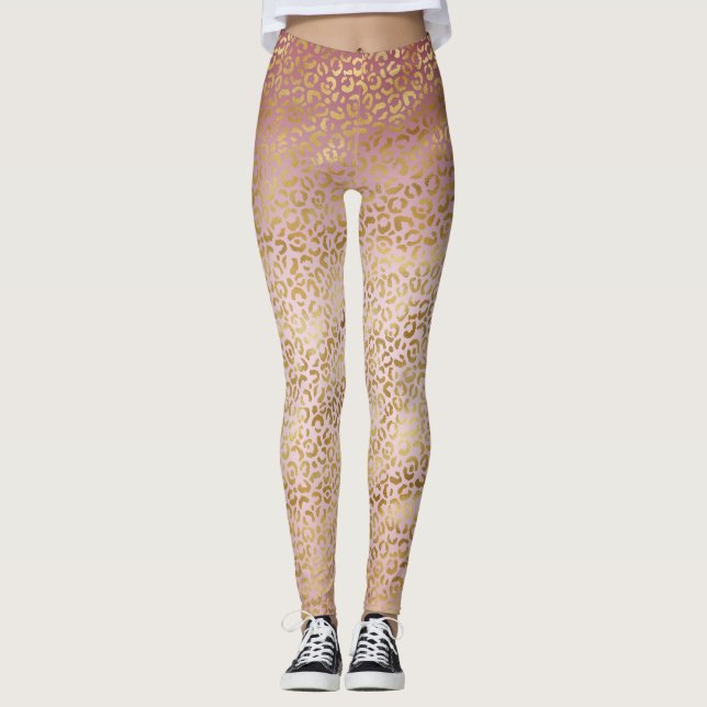 Rosa Guld Ombre Leopard Skriv ut Leggings (Framsida)