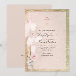 Rosa Guld Pampas Grass Blommigt BAPTISM Inbjudningar