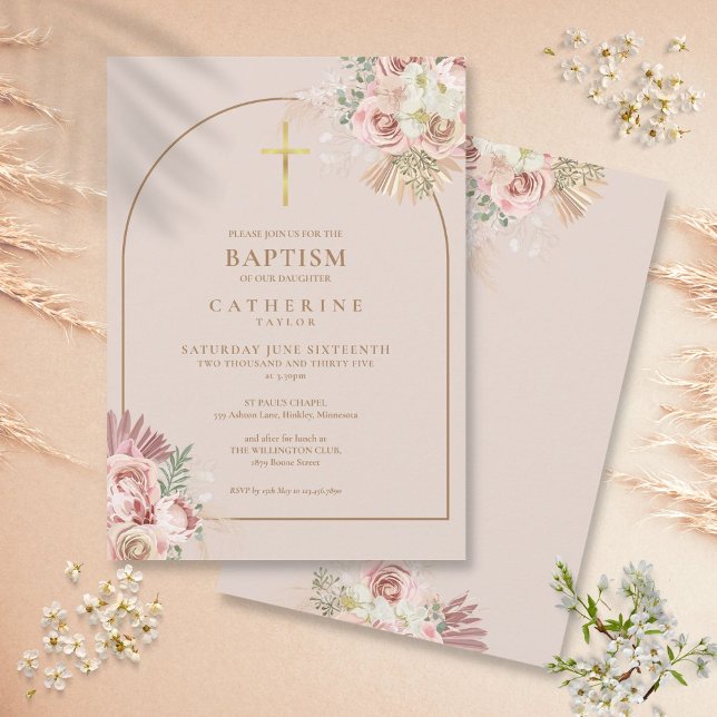 Rosa Guld Pampas Grass Girl Baptism Christening Inbjudningar (Pink Gold Pampas Grass Girl Baptism Christening Invitation)