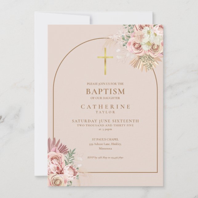 Rosa Guld Pampas Grass Girl Baptism QR-kod Inbjudningar (Framsida)