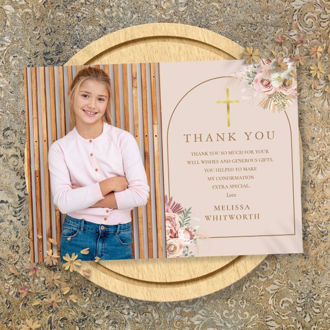 Rosa Guld Pampasgräs Blommig Konfirmation Tack Kort (Blush Pink Gold Pampas Grass Floral Confirmation Thank You Card)