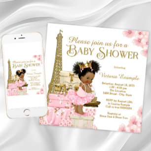 Rosa Guld Paris Afro Prinsessa Bebis firande Inbjudningar