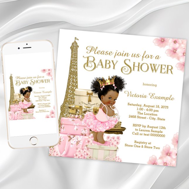 Rosa Guld Paris Afro Prinsessa Bebis firande Inbjudningar (Girl Paris baby shower invitation. Instant download and printed invitations available.)