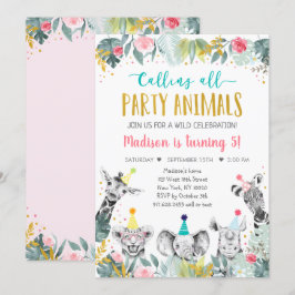 Rosa Guld Party Animal Safari Birthday Inbjudningar
