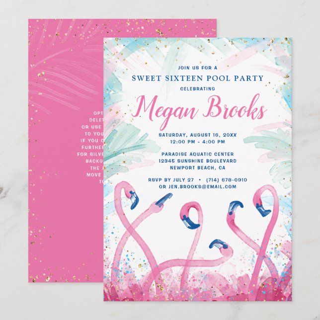 Rosa Guld Party Tropical Flamingo födelsedag Inbjudningar (Fram/baksida)