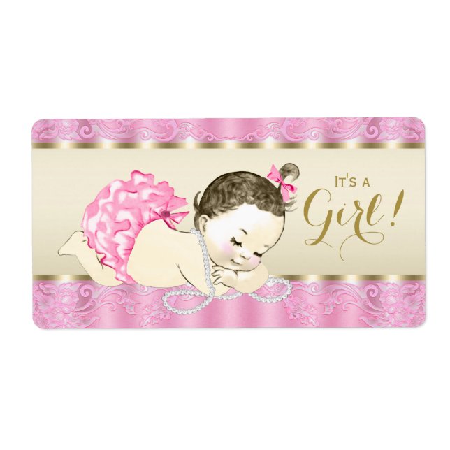 Rosa Guld Pearl Baby Shower Vattenflaska Labels Fraktsedel (Framsidan)