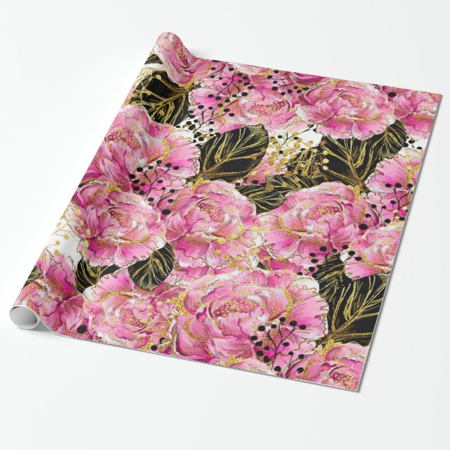 Rosa guld peonies presentpapper (Utrullad)