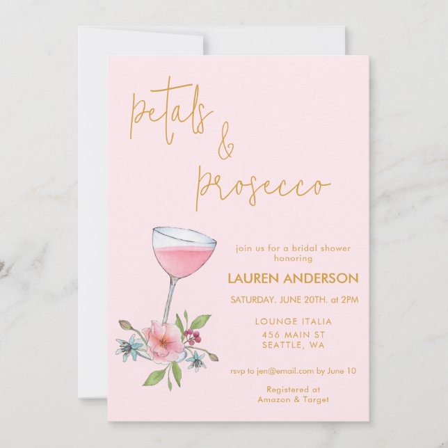 Rosa & guld Petals och Prosecco Möhippa Inbjudningar (Framsida)