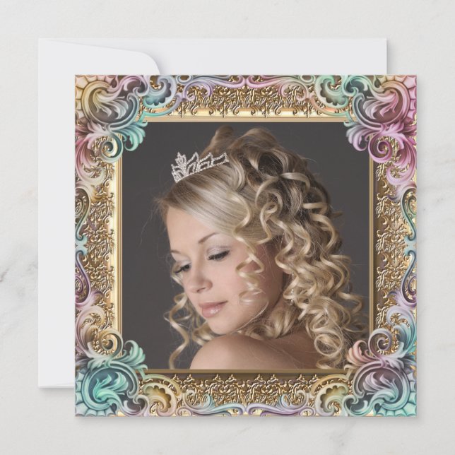 Rosa Guld Photo Sweet sixteen Födelsedagsfest Inbjudningar (Framsida)