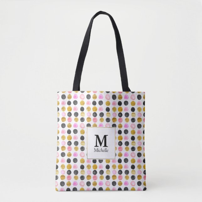 Rosa & Guld Polka Dot Monogram Tote Bag Tygkasse (Framsida)