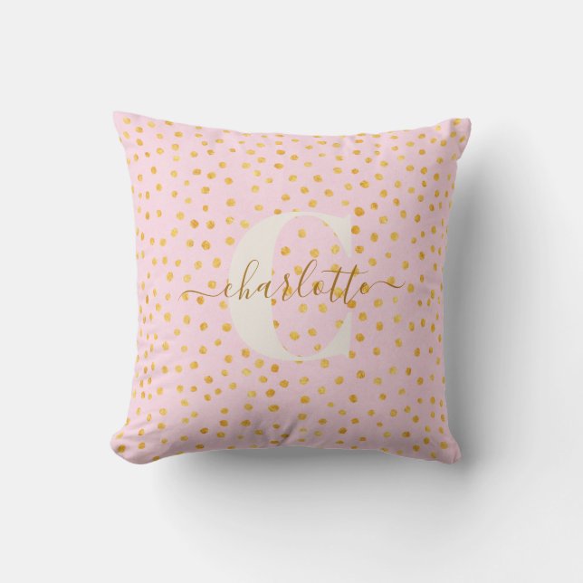 Rosa Guld Polka Prick Monogram Dekor Kudde (Framsida)