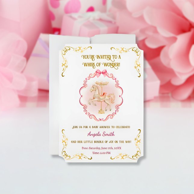 Rosa & Guld Pony Dreams-Baby Shower-inbjudan Inbjudningar (pink-pony-horse-carousel-baby-shower-invitation)