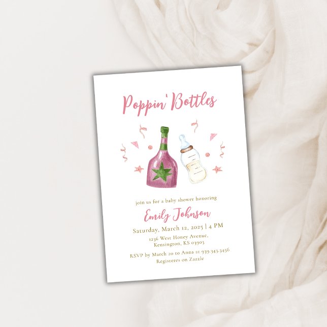 Rosa Guld Poppin Flaskor Champagne Babykläder Inbjudningar (Pink Gold Poppin Bottles Champagne Baby Shower Invitation)