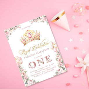  Rosa Guld Princess 1:a födelsedag Party Krona Inbjudningar