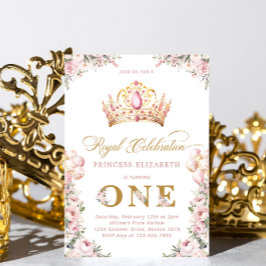 Rosa Guld Princess 1:a födelsedag Party Krona Inbjudningar