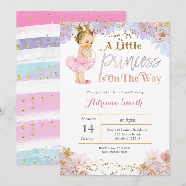 Rosa Guld Princess Baby Shower inbjudan (Fram/baksida)