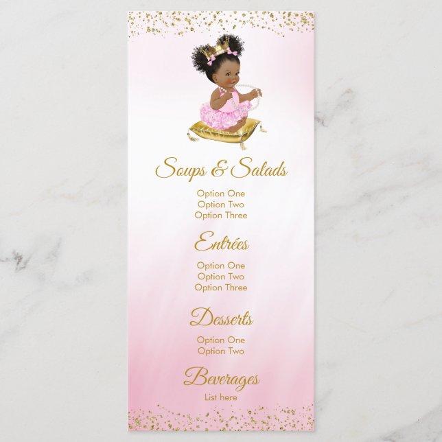 Rosa Guld Princess Baby Shower Menus Meny (Framsida)