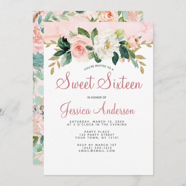 Rosa Guld Princess Blommigt Sweet sixteen Birthday Inbjudningar (Fram/baksida)