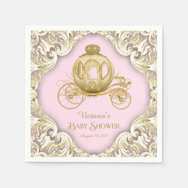 Rosa Guld Princess Carriage Baby Shower Pappersservett (Framsidan)