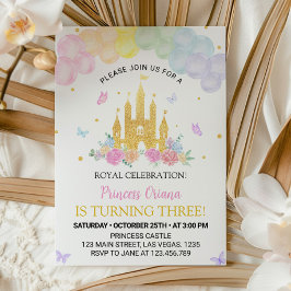 Rosa Guld Princess Castle Birthday-inbjudan Inbjudningar