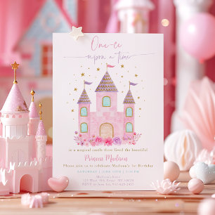Rosa Guld Princess Castle First Birthday Inbjudningar