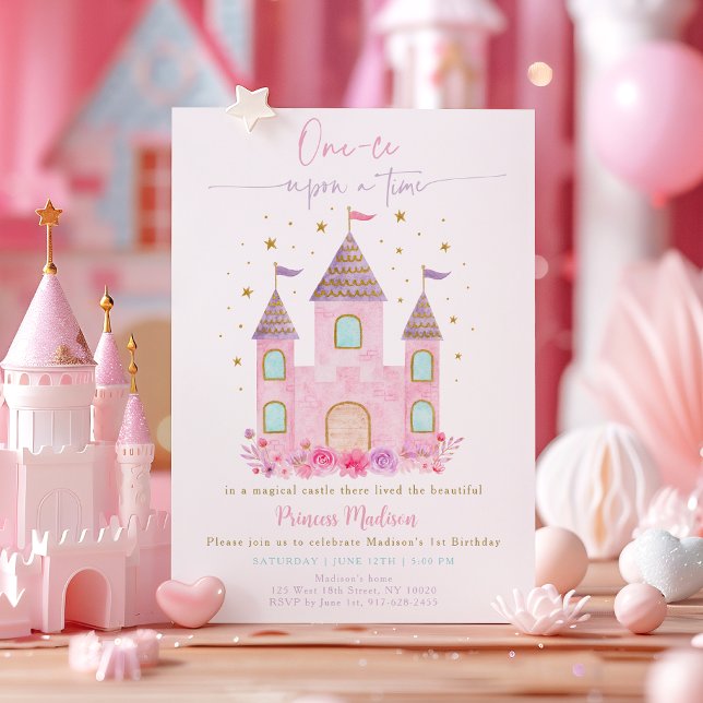 Rosa Guld Princess Castle First Birthday Inbjudningar (Skapare uppladdad)