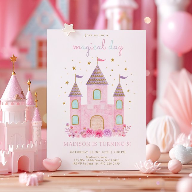 Rosa Guld Princess Castle Magic Day Birthday Inbjudningar (Skapare uppladdad)