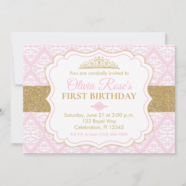 Rosa & Guld Princess First Birthday Inbjudningar (Framsida)