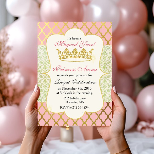 Rosa & Guld Princess Girl Girl Birthday Investigat Inbjudningar (Skapare uppladdad)