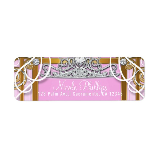 Rosa Guld Princess Krona & Carriage Sweet 16 Party Returadress Etikett (Framsidan)