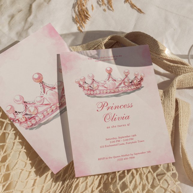 Rosa Guld Princess Krona Fairytale Födelsedagsfest Inbjudningar (Fairytale Princess Crown Birthday Invite)