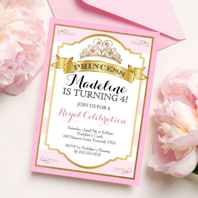 Rosa Guld Princess Krona Princess Birthday Inbjudningar (Skapare uppladdad)