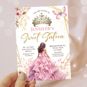 Rosa Guld Princess Tiara Blommigt Sweet 16 Inbjudningar