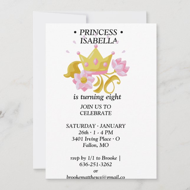 Rosa & Guld prinsess födelsedagsinbjudan Inbjudningar (Framsida)