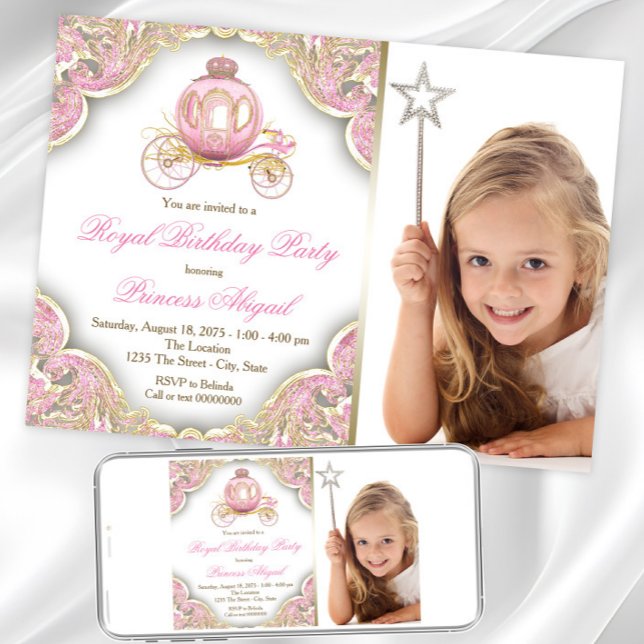 Rosa Guld Prinsessa Foto Födelsedagsfest Inbjudningar (Princess photo any number birthday invitation. Instant download and printed invitations available.)