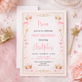 Rosa Guld Prinsessa Krona Sagoberättelse 1-års föd Inbjudningar