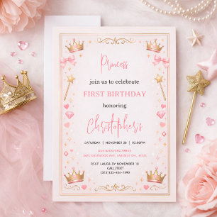 Rosa Guld Prinsessa Krona Sagoberättelse 1-års föd Inbjudningar
