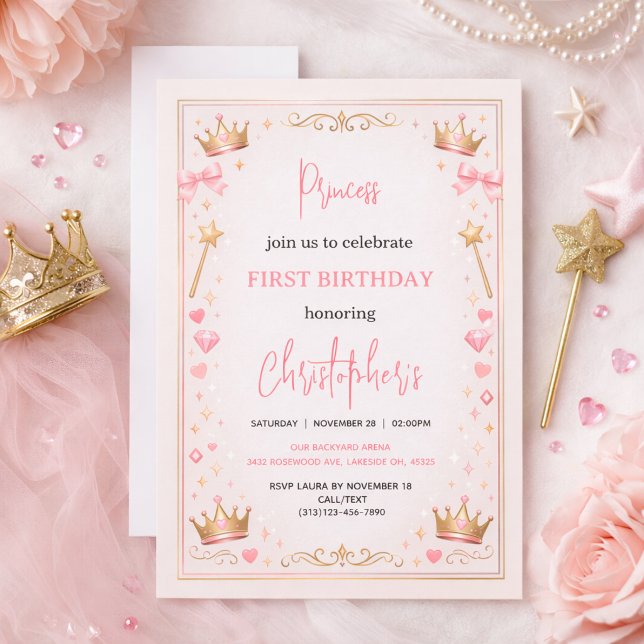 Rosa Guld Prinsessa Krona Sagoberättelse 1-års föd Inbjudningar (Pink Gold Princess Crown Fairytale 1st Birthday Invitation
)